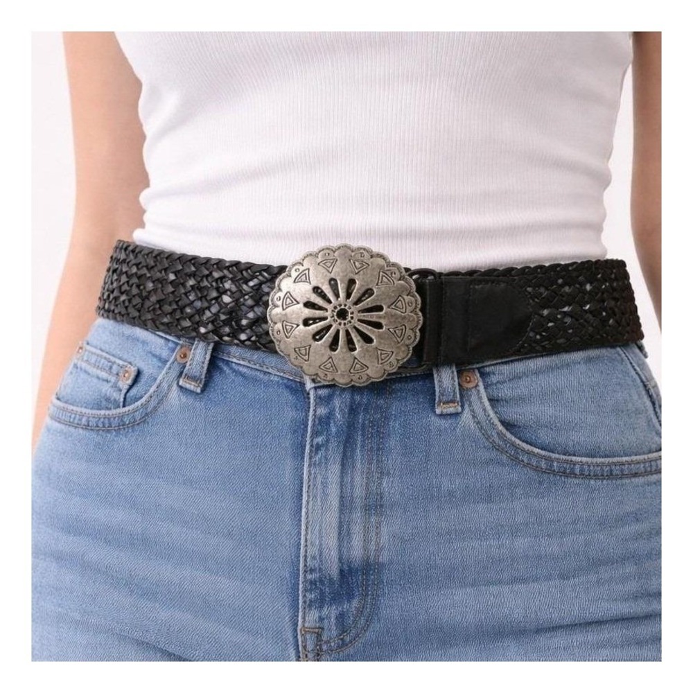 Womens Black Braided Genuine Leather Belt Silver Ornate Western Buckle LBD-20 ML